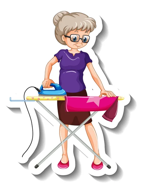 Een Sticker Sjabloon Met Een Oude Vrouw Strijken Shirt Cartoon — Stockvector