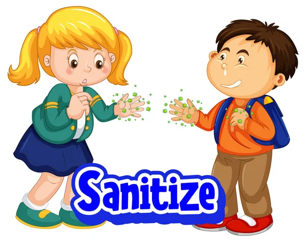 Sanitize Lettertype Cartoon Stijl Met Twee Kinderen Niet Houden Sociale — Stockvector