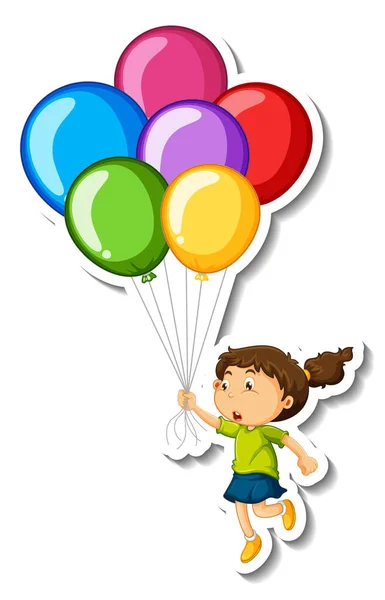 Plantilla Etiqueta Engomada Con Una Chica Sosteniendo Muchos Globos Ilustración — Vector de stock