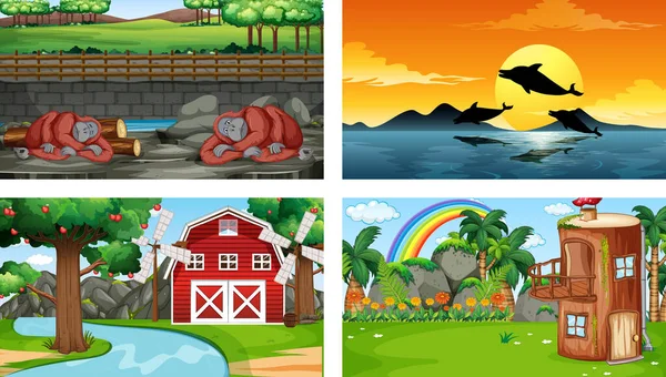 Quattro Scene Diverse Con Vari Animali Illustrazione Personaggio Dei Cartoni — Vettoriale Stock