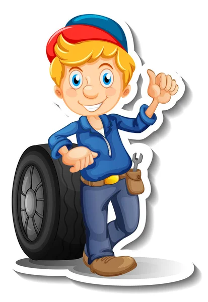 Sticker Ontwerp Met Auto Monteur Cartoon Karakter Illustratie — Stockvector