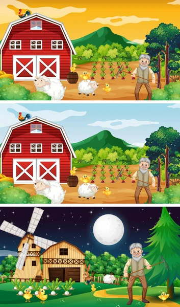 Cenas Fazenda Diferentes Com Agricultor Velho Ilustração Personagem Desenho Animado — Vetor de Stock