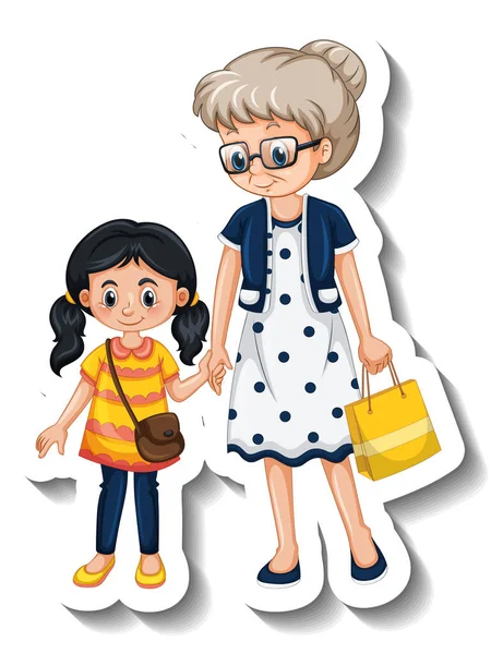 Modello Adesivo Con Una Nonna Sua Nipote Illustrazione — Vettoriale Stock