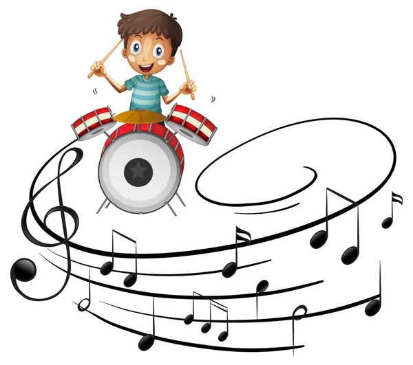 Personagem Desenho Animado Menino Tocando Tambor Com Símbolos Melodia Musical —  Vetores de Stock