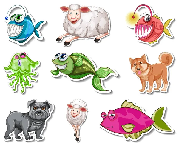 Conjunto Adesivos Com Animais Marinhos Cães Desenho Animado Personagem Ilustração —  Vetores de Stock