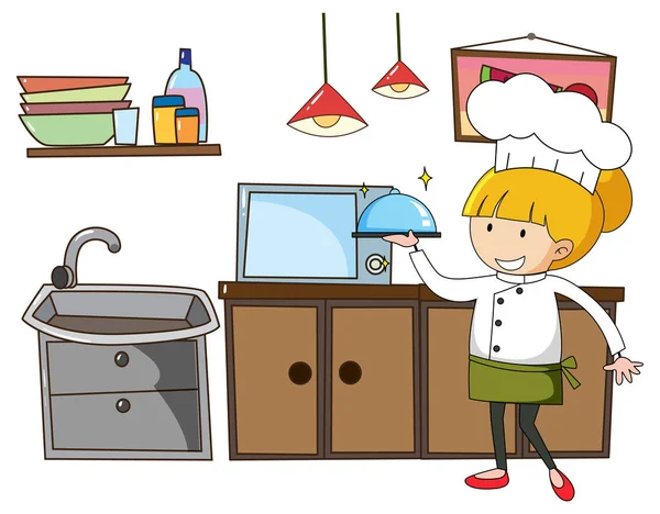Kleine Chef Met Keukengerei Witte Achtergrond Illustratie — Stockvector