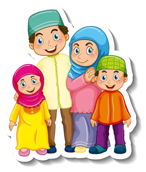 Müslüman Aile Çizgi Film Karakteri Illüstrasyonlu Çıkartma Şablonu — Stok Vektör