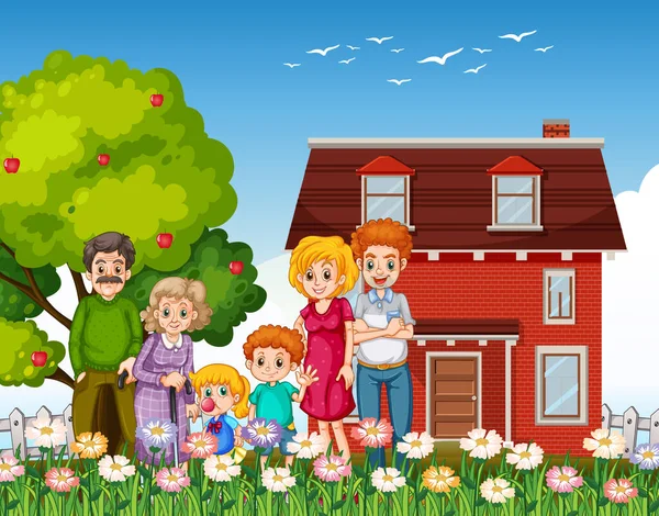 Happy Family Standing Home Garden Illustration — Stock Vector