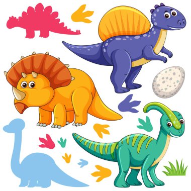 Beyaz arkaplan illüstrasyonunda çeşitli izole dinozor çizgi film karakterleri