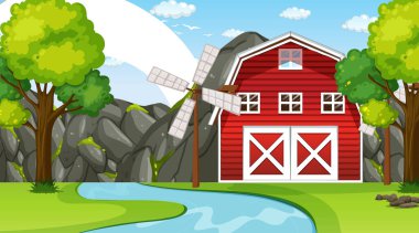 Ahırlı ve yel değirmeni resimli çiftlik manzarası