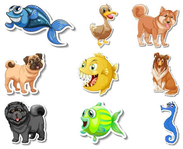 Conjunto Adesivos Com Animais Marinhos Cães Desenho Animado Personagem Ilustração —  Vetores de Stock
