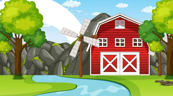 Paisaje Granja Con Granero Molino Viento Ilustración — Vector de stock