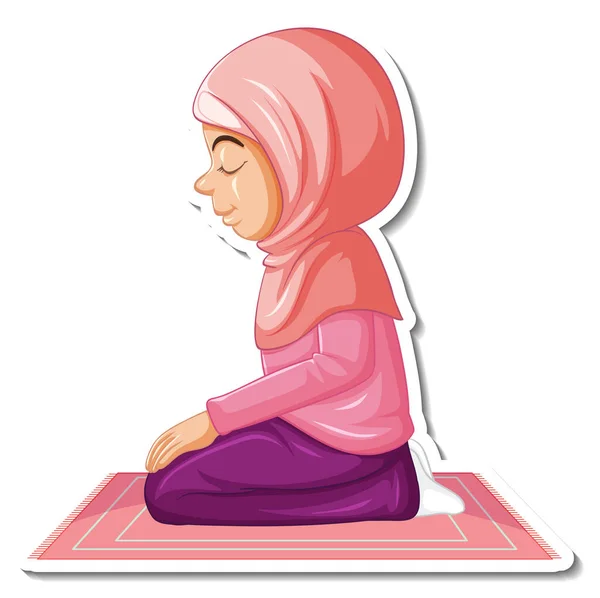 Šablona Samolepky Muslimskou Dívkou Sedící Koberci Modlící Ilustrace — Stockový vektor
