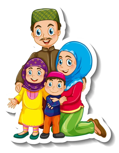 Sticker Template Muslim Family Cartoon Character Illustration — Stock Vector