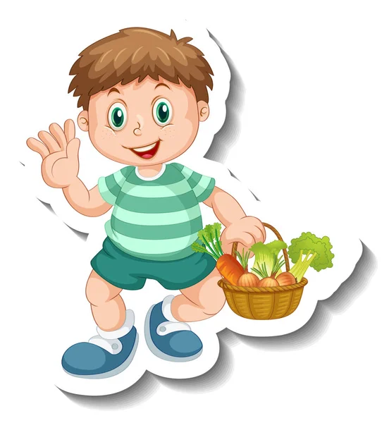 Sticker Template Boy Holding Vegetables Basket Isolated Illustration — Stock Vector