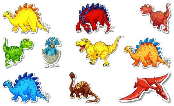 Sticker Ensemble Avec Différents Types Dinosaures Dessin Animé Personnages Illustration — Image vectorielle