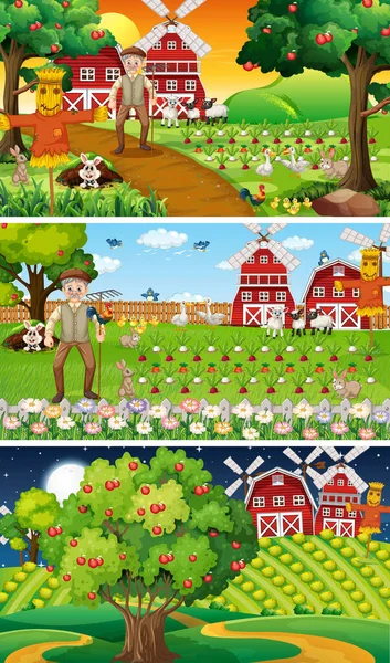 Different Farm Scenes Old Farmer Animal Cartoon Character Illustration — Stock Vector