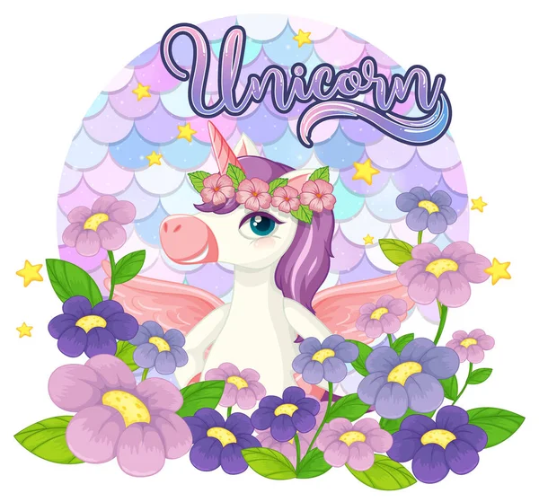 Personaje Dibujos Animados Unicornio Escamas Pastel Fondo Ilustración Aislada — Vector de stock