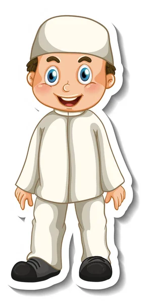 一个贴有穆斯林男孩站立姿势的卡通人物插图的贴纸模板 — 图库矢量图片