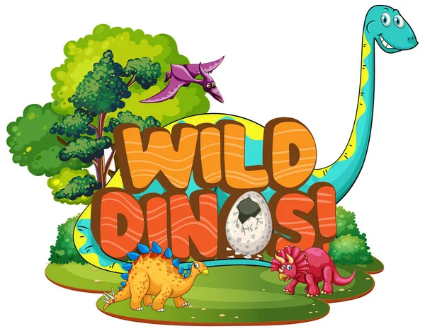 Typografia Słów Wild Dinos Ilustracją Grupy Znaków Dinozaura — Wektor stockowy