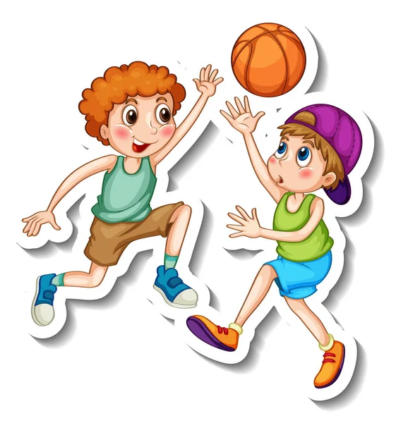 バスケットボールの孤立したイラストを再生する2人の子供とステッカーテンプレート — ストックベクタ