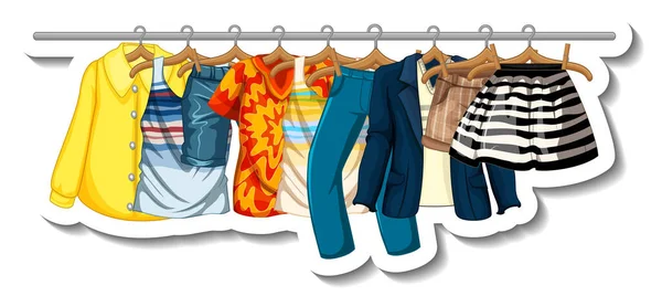 Sticker Template Clothes Racks Many Clothes Hangers White Background Illustration — Stock Vector
