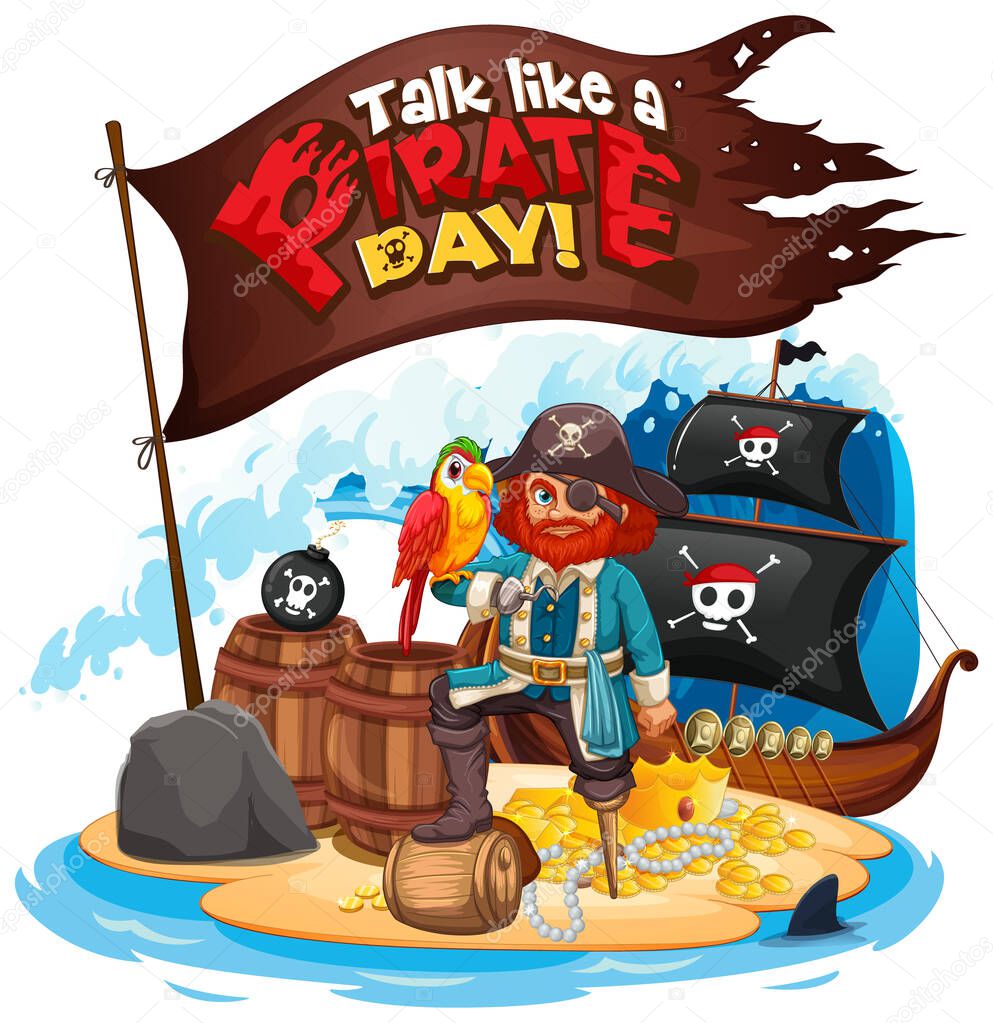 Talk like a pirate day font with Captain Hook On The Island illustration