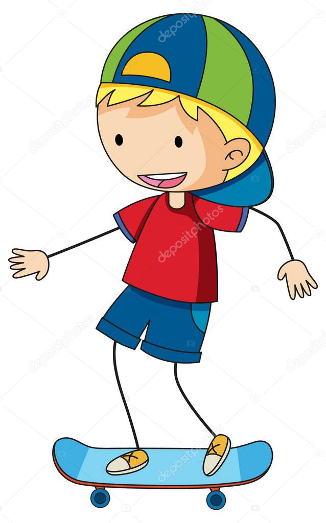 A doodle kid playing skateboard cartoon character isolated illustration