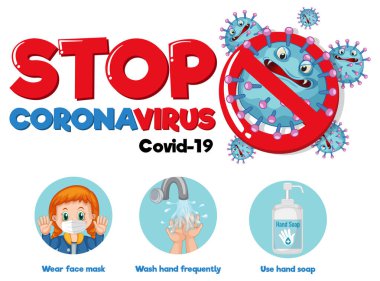 Beyaz arkaplan illüstrasyonunda covid-19 önlemesi ile Coronavirus yazı tipi tasarımını durdur