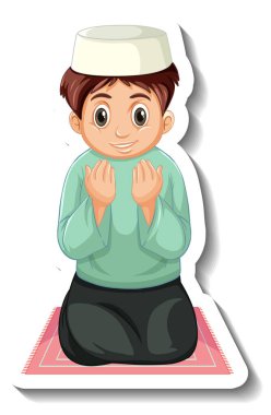 Müslüman bir çocuğun halıya oturup dua ettiği bir etiket.