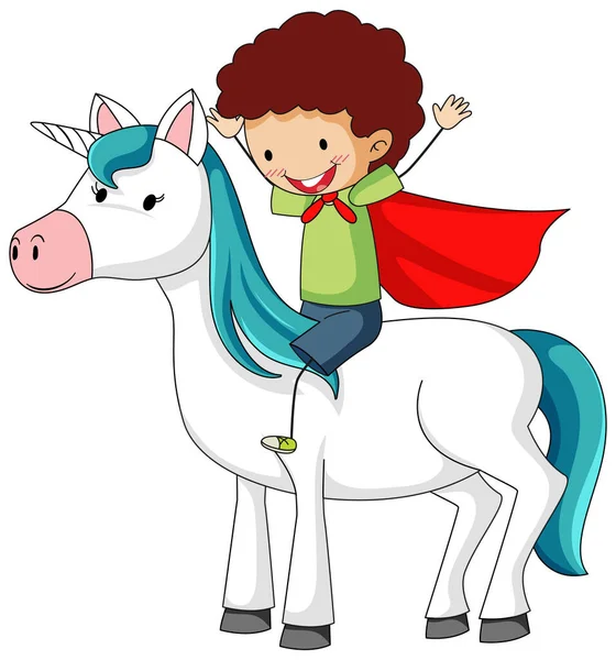 Little Girl Riding Cute Unicorn White Background Illustration — Stock Vector