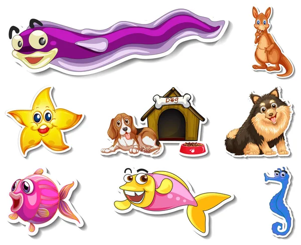 Set Von Aufklebern Mit Meerestieren Und Hunden Zeichentrickfigur Illustration — Stockvektor