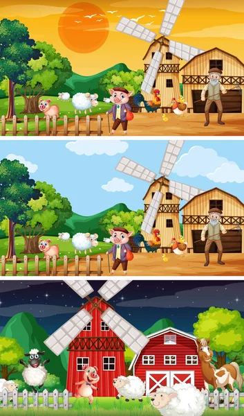 Cenas Fazenda Diferentes Com Agricultor Velho Ilustração Personagem Desenho Animado —  Vetores de Stock