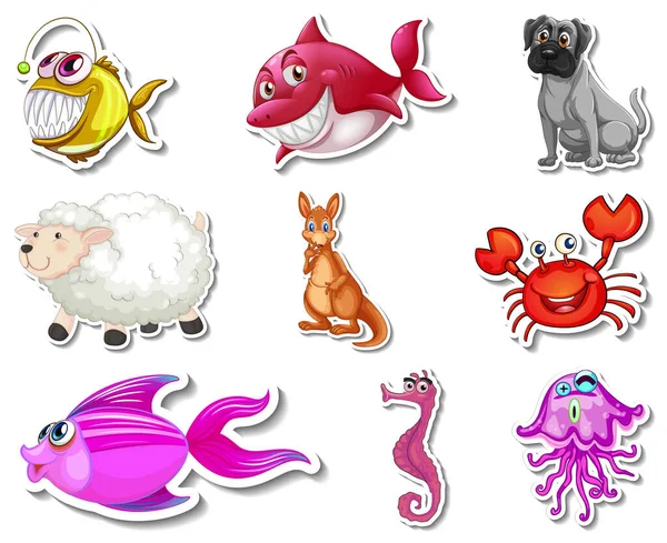 Set Stickers Met Zeedieren Honden Tekenfilmfiguur Illustratie — Stockvector