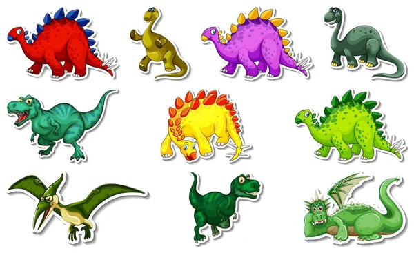 Sticker Set Met Verschillende Soorten Dinosaurussen Stripfiguren Illustratie — Stockvector