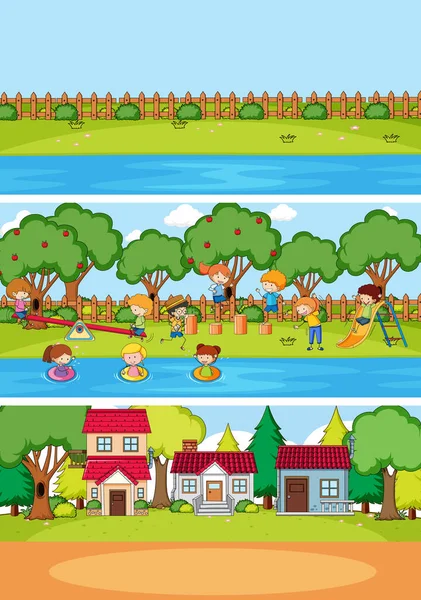 Set Different Horizontal Scenes Background Doodle Kids Cartoon Character Illustration — Stock Vector