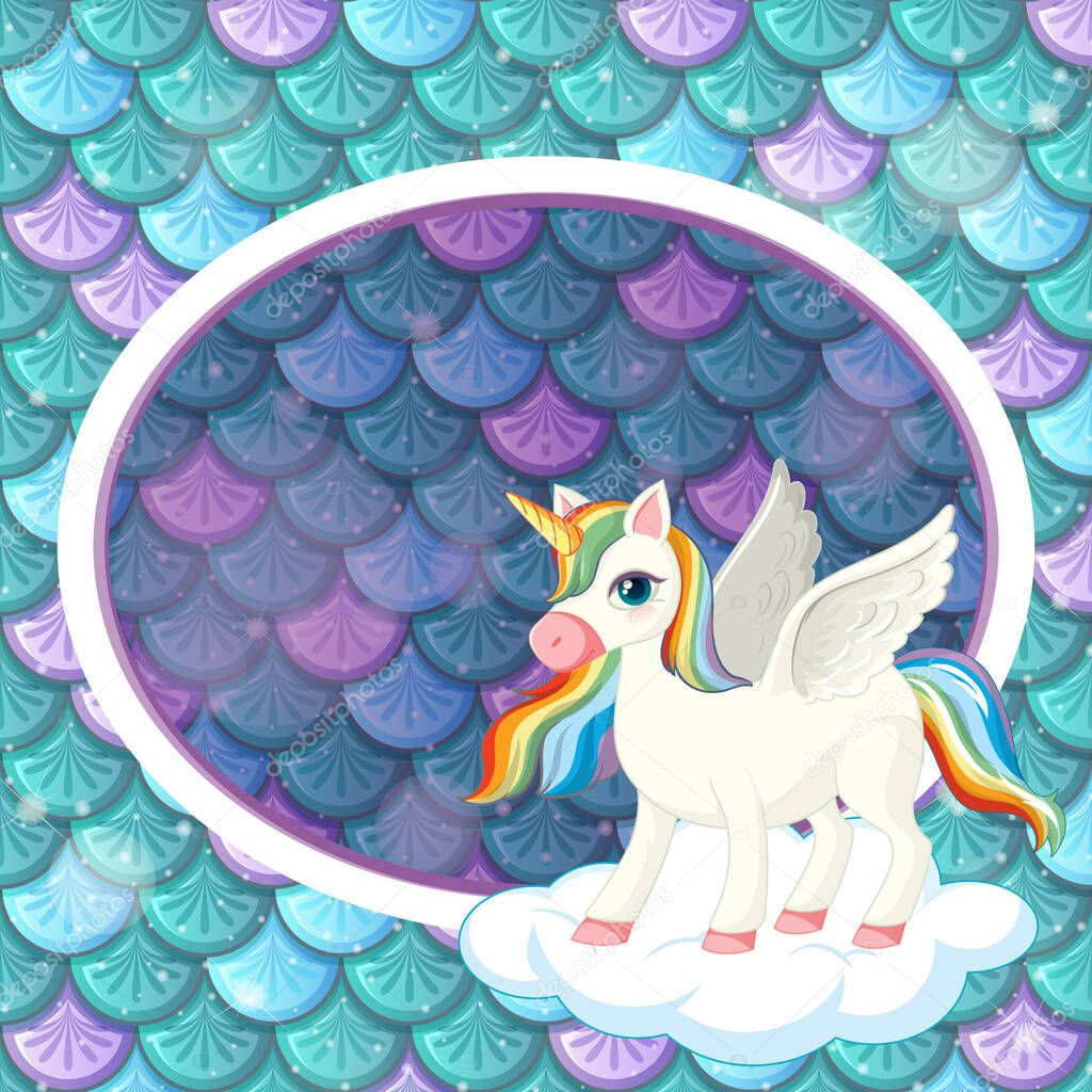 Oval frame template on green fish scales background with cute unicorn cartoon character illustration