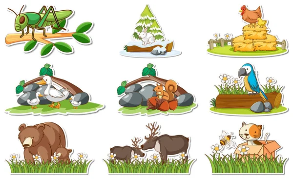 Aufkleber Set Mit Verschiedenen Wildtieren Und Naturelementen Illustration — Stockvektor