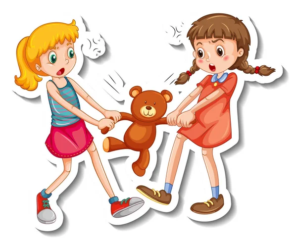 Sticker Template Two Girls Fighting Teddy Bear White Background Illustration Stock Illustration