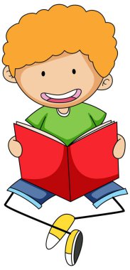 Çizgi film karakteri çizimleri okuyan sevimli çocuk.