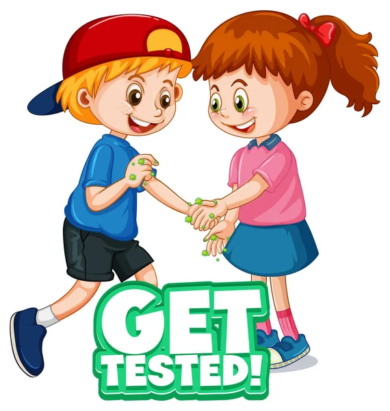 Get Tested Font Cartoon Style Two Kids Keep Social Distance — Stock Vector