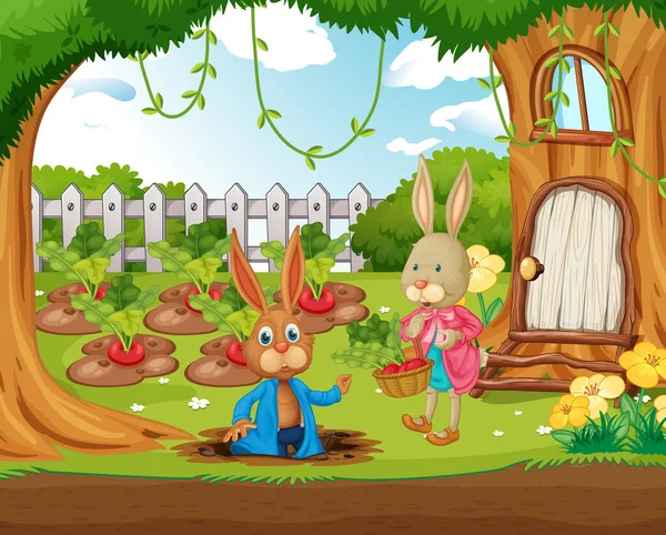 Outdoor Scene Many Happy Rabbits Garden Illustration — Stock Vector