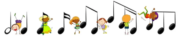 Simboli Melodia Musicale Con Molti Bambini Doodle Cartone Animato Personaggio — Vettoriale Stock