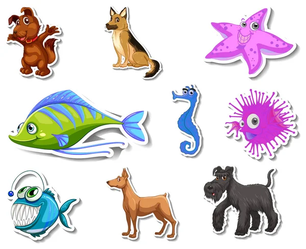 Set Stiker Dengan Hewan Laut Dan Anjing Karakter Kartun Ilustrasi - Stok Vektor