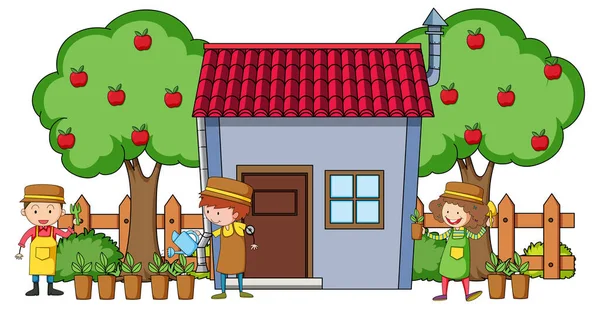 Vooraanzicht Van Mini Huis Met Veel Kinderen Witte Achtergrond Illustratie — Stockvector