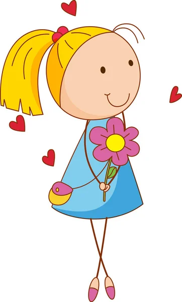 Ένα Κορίτσι Χαρακτήρα Κινουμένων Σχεδίων Κρατώντας Ένα Λουλούδι Στυλ Doodle — Διανυσματικό Αρχείο