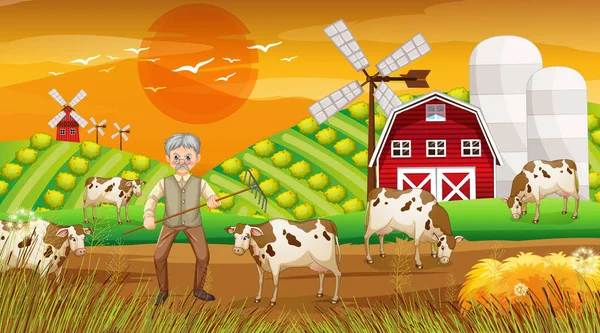 Bauernhof Bei Sonnenuntergang Szene Mit Alten Bauern Und Nutztieren Illustration — Stockvektor