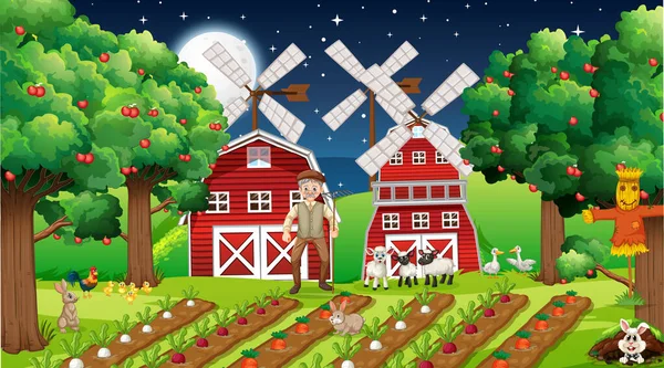 Granja Escena Noche Con Viejo Agricultor Hombre Animales Lindos Ilustración — Archivo Imágenes Vectoriales