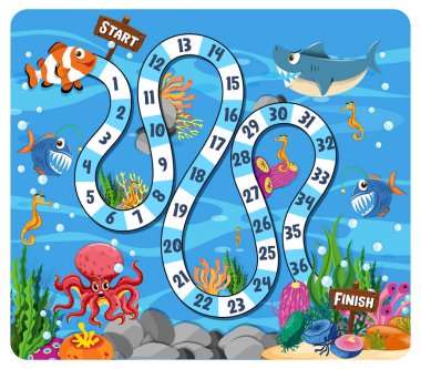 Su altı temalı yol tahtası oyunu ile deniz hayvanları illüstrasyonu