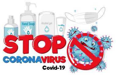 Beyaz arkaplan illüstrasyonunda dezenfekte ürünleriyle Coronavirus yazı tipi tasarımını durdur
